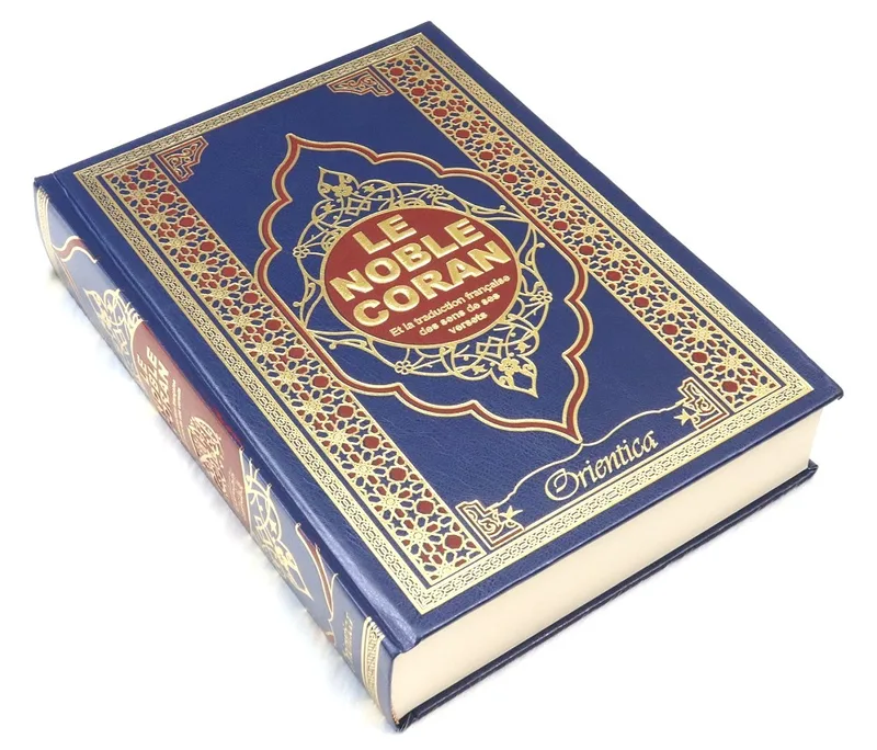 Orientica Le Noble Coran et la traduction française du sens de ses versets (bilingue français/arabe), grand format 21 x 28,50 cm, couverture rigide similicuir de luxe, bleu doré