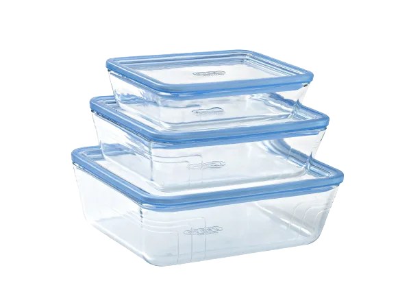 Pyrex Zero Plastic : set de 3 boîtes de conservation avec couvercle en verre (0,8 L, 1,5 L et 2,6 L)