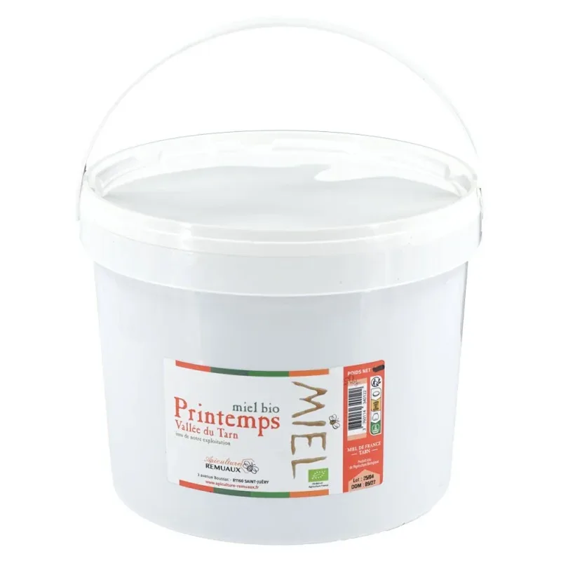 Apiculture Remuaux Miel de printemps bio, vallée du Tarn, seau de 5 kg
